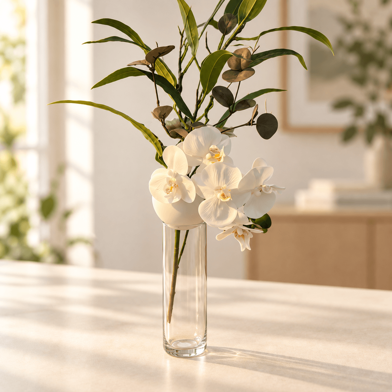 Velkomstgave til ny medarbejder med orkidé i lav vase Velkomstgave til ny medarbejder med orkidé i lav vase